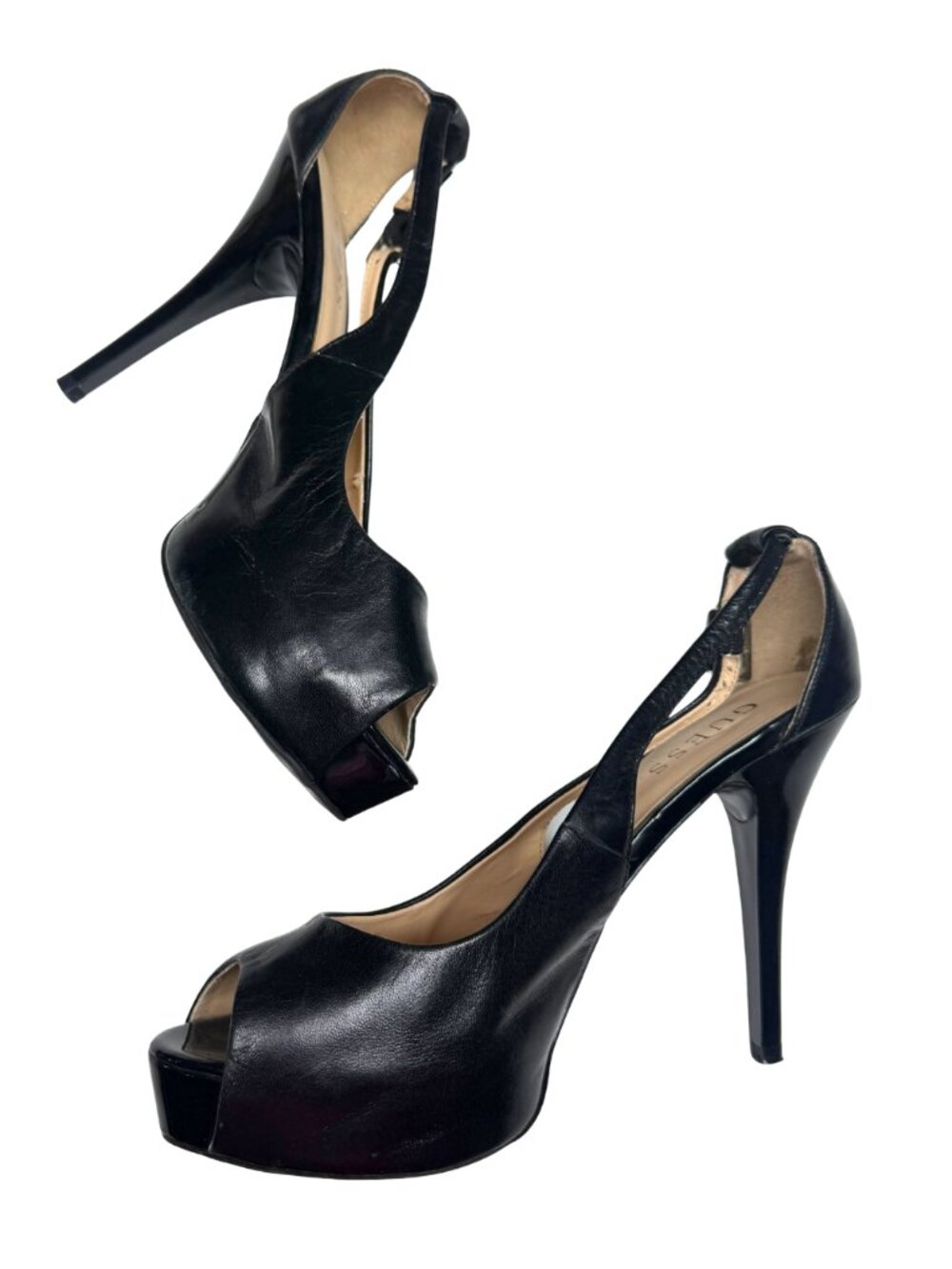 Guess Black Leather Peep Toe Platform Stiletto Heels Size 8.5